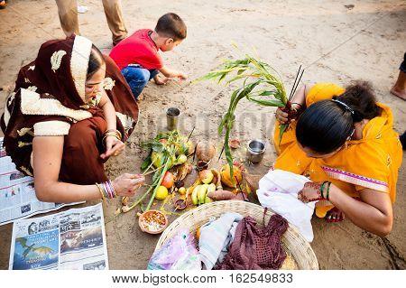 Mumbai, India - 6 November: The ancient Hindu Chhath Puja Festival being celebrated on Juhu Beach in Mumbai on 6th November 2016.