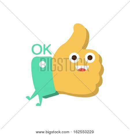 Ok And Thumb Up, Word And Corresponding Illustration, Cartoon Character Emoji With Eyes Illustrating The Text. Primitive Symbol Emoticon For Messages Flat Vector Icon.