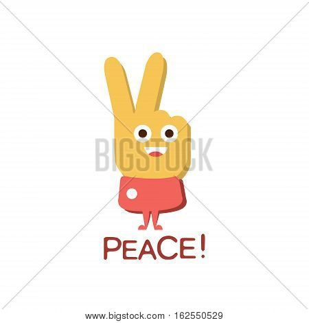 Peace Gesture, Word And Corresponding Illustration, Cartoon Character Emoji With Eyes Illustrating The Text. Primitive Symbol Emoticon For Messages Flat Vector Icon.