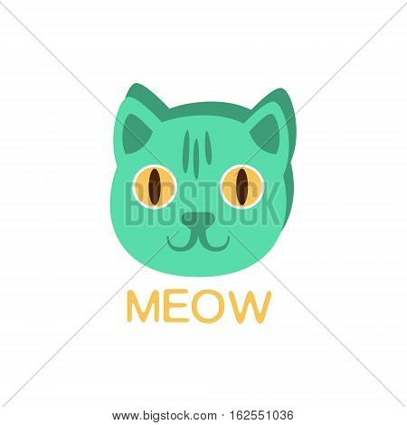 Meow And Cat Face, Word And Corresponding Illustration, Cartoon Character Emoji With Eyes Illustrating The Text. Primitive Symbol Emoticon For Messages Flat Vector Icon.