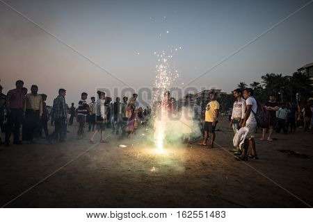 Mumbai, India - 6 November: The ancient Hindu Chhath Puja Festival being celebrated on Juhu Beach in Mumbai on 6th November 2016.