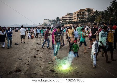 Mumbai, India - 6 November: The ancient Hindu Chhath Puja Festival being celebrated on Juhu Beach in Mumbai on 6th November 2016.