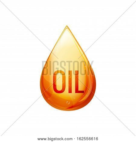 Oil drop isolated illustration. Vector oil droplet on white. Liquid yellow or gold icon concept. Natural ecological fuel.