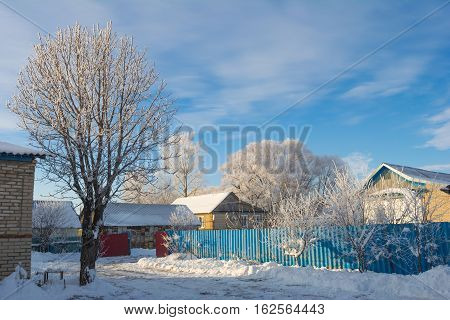 Photo by winter rustic courtyard with frosted trees.