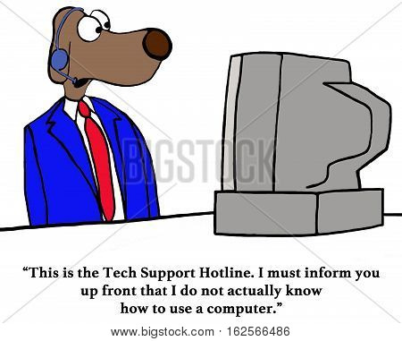 Color business cartoon about a customer service rep on a tech hotline who does not know how to work a computer.