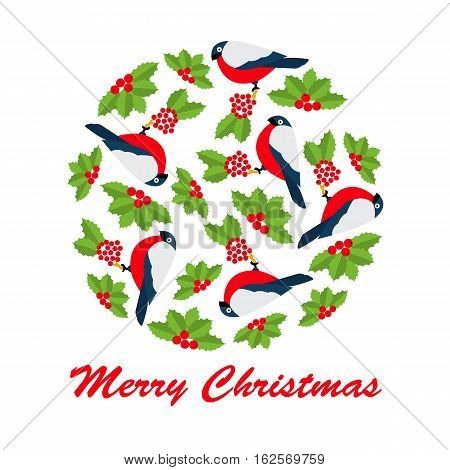 Christmas vector illustration of bulfinch and rowan in circle