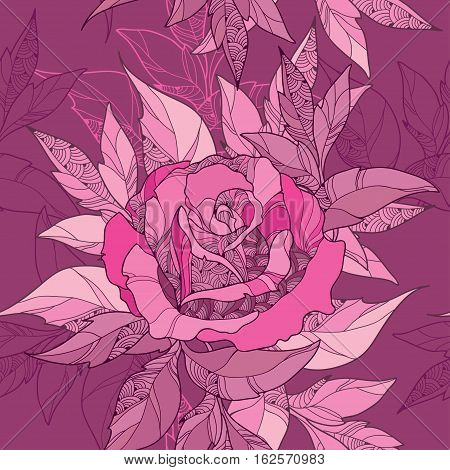 Vector seamless pattern with outline rose flower and ornate foliage in pink on the maroon background. Elegance floral background with roses and leaves in contour style for summer design.
