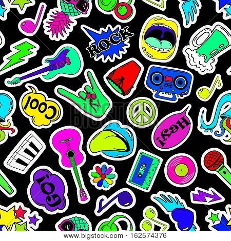 Colorful fun seamless pattern of music stickers emoji pins or patches in cartoon 80s-90s comic style.