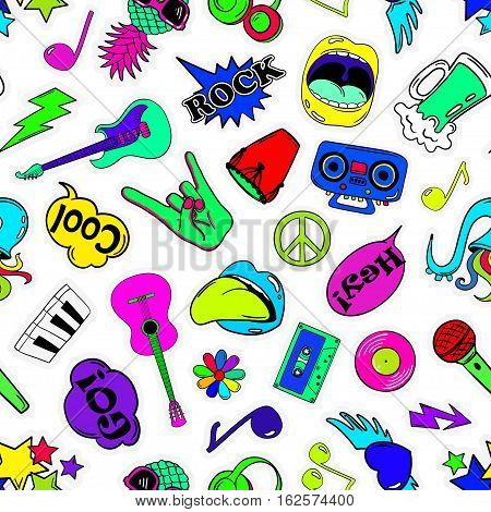 Colorful fun seamless pattern of music stickers emoji pins or patches in cartoon 80s-90s comic style.
