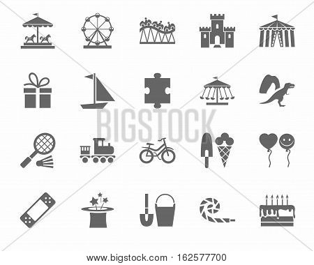 Children's games and entertainment, icons, monochrome, vector. Vector flat icons of items and objects for children. Children's rest. Gray image on a white background.