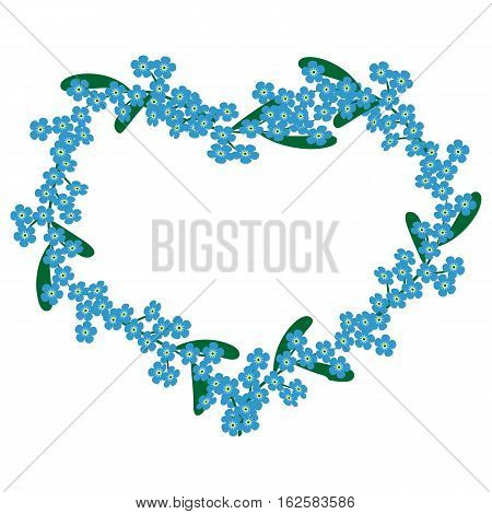 wreath frame in the shape of a heart made of forget-me-flowers and isolated on white background.