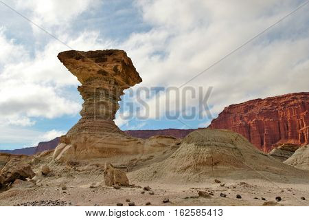 Long shot of the stone formation el Hongo in the nature reserve Ischigualasto also called Valle de la Luna in the area San Juan in Argentina South America