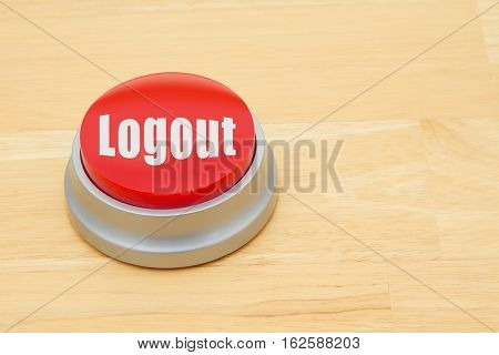 A Logout red push button A red and silver push button on a wooden desk with text Logout