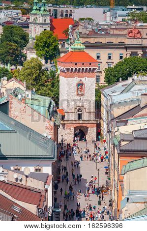 Aerial view on the central square in Krakow. Market Square from the tower of the church of St. Mary. Poland.