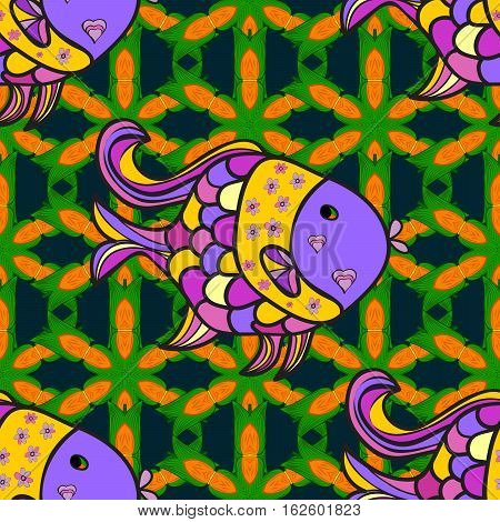 Seamless Pattern With Colorful Fish On Dark Blue Background. Raster Illustration.