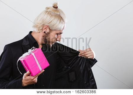 Man Holding Present Pink Gift Box In Hand
