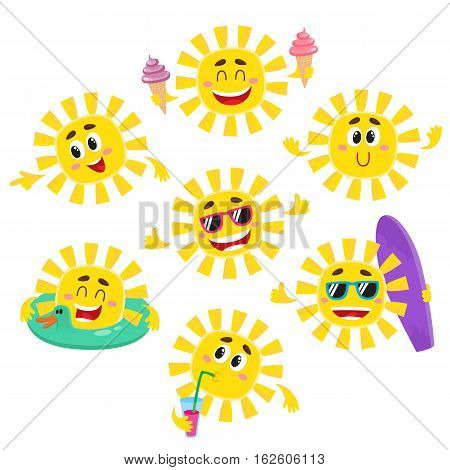 Set of happy sun characters with ice cream, drink, surfboard, sunglasses, cartoon vector illustration isolated on white background. Cute and funny sun characters, emoticons showing different emotions