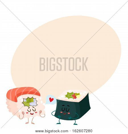 Japanese salmon, tuna sushi and nori, seaweed roll characters, cartoon vector illustration on background with place for text. Cute and funny smiling salmon, tuna and nori sushi, sashimi, roll
