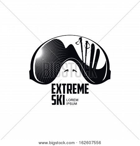 Black and white graphic mountain skiing goggles logo, vector illustration on white background. Mounting skiing logo design with skis, mountains and helicopter reflected in goggles, mask, glasses