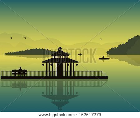 landscape which depicts the pond sky silhouettes of boats and fishermen alcove and the bench at sunset