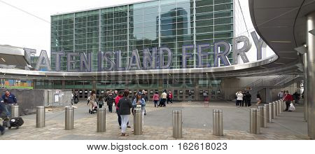 NEW YORK - APRIL 27 2016: Exterior of the Staten Island Ferry Terminal. There are eight ferries active carrying 75000 passengers daily