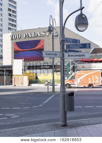 BERLIN GERMANY - JULY 19 2016: Fire Engine At Breitscheidplatz In Front of Famous Cinema Zoopalast