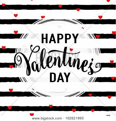 Vector illustration of stylish valentines day greeting card template with lettering typography text sign, hearts, white round shape frame on seamless rough stripes background in Memphis style