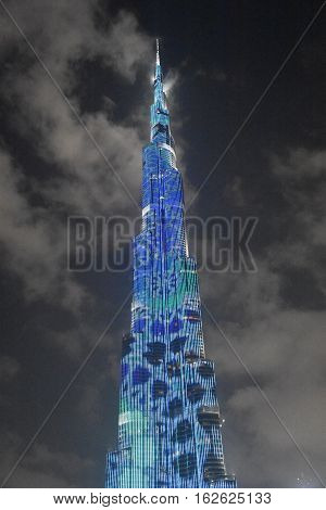 DUBAI, UAE - DEC 9: The LED lights show at Burj Khalifa in Dubai, UAE, as seen on Dec 9, 2016. The show titled Ascension, by London-based Yusuke Murakami and Tangent Design and Invention illuminated and animated the Burj Khalifa during Dubai Design Week.