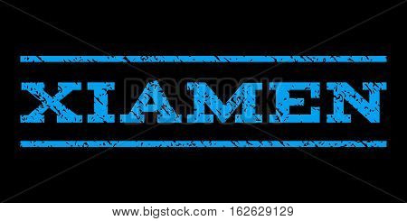 Xiamen watermark stamp. Text tag between horizontal parallel lines with grunge design style. Rubber seal stamp with dirty texture. Vector blue color ink imprint on a black background.