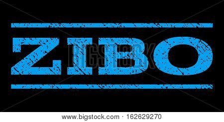Zibo watermark stamp. Text caption between horizontal parallel lines with grunge design style. Rubber seal stamp with dirty texture. Vector blue color ink imprint on a black background.