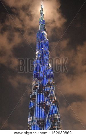 DUBAI, UAE - DEC 9: The LED lights show at Burj Khalifa in Dubai, UAE, as seen on Dec 9, 2016. The show titled Ascension, by London-based Yusuke Murakami and Tangent Design and Invention illuminated and animated the Burj Khalifa during Dubai Design Week.