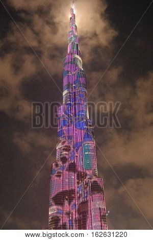 DUBAI, UAE - DEC 9: The LED lights show at Burj Khalifa in Dubai, UAE, as seen on Dec 9, 2016. The show titled Ascension, by London-based Yusuke Murakami and Tangent Design and Invention illuminated and animated the Burj Khalifa during Dubai Design Week.