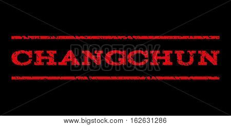 Changchun watermark stamp. Text tag between horizontal parallel lines with grunge design style. Rubber seal stamp with dust texture. Vector red color ink imprint on a black background.