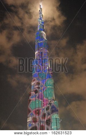 DUBAI, UAE - DEC 9: The LED lights show at Burj Khalifa in Dubai, UAE, as seen on Dec 9, 2016. The show titled Ascension, by London-based Yusuke Murakami and Tangent Design and Invention illuminated and animated the Burj Khalifa during Dubai Design Week.