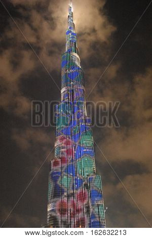 DUBAI, UAE - DEC 9: The LED lights show at Burj Khalifa in Dubai, UAE, as seen on Dec 9, 2016. The show titled Ascension, by London-based Yusuke Murakami and Tangent Design and Invention illuminated and animated the Burj Khalifa during Dubai Design Week.
