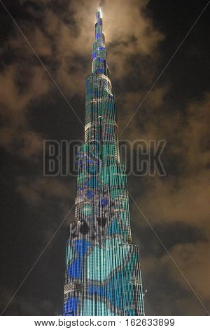 DUBAI, UAE - DEC 9: The LED lights show at Burj Khalifa in Dubai, UAE, as seen on Dec 9, 2016. The show titled Ascension, by London-based Yusuke Murakami and Tangent Design and Invention illuminated and animated the Burj Khalifa during Dubai Design Week.