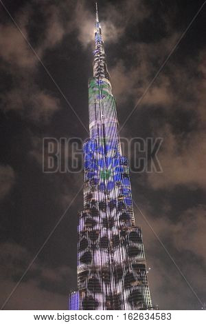 DUBAI, UAE - DEC 9: The LED lights show at Burj Khalifa in Dubai, UAE, as seen on Dec 9, 2016. The show titled Ascension, by London-based Yusuke Murakami and Tangent Design and Invention illuminated and animated the Burj Khalifa during Dubai Design Week.
