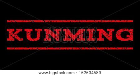 Kunming watermark stamp. Text caption between horizontal parallel lines with grunge design style. Rubber seal stamp with scratched texture. Vector red color ink imprint on a black background.