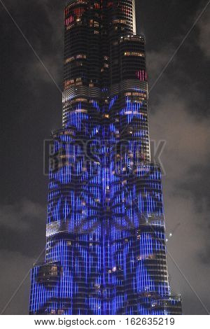 DUBAI, UAE - DEC 9: The LED lights show at Burj Khalifa in Dubai, UAE, as seen on Dec 9, 2016. The show titled Ascension, by London-based Yusuke Murakami and Tangent Design and Invention illuminated and animated the Burj Khalifa during Dubai Design Week.
