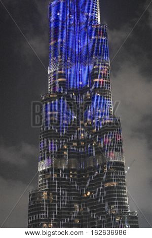 DUBAI, UAE - DEC 9: The LED lights show at Burj Khalifa in Dubai, UAE, as seen on Dec 9, 2016. The show titled Ascension, by London-based Yusuke Murakami and Tangent Design and Invention illuminated and animated the Burj Khalifa during Dubai Design Week.