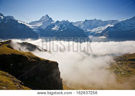 Fog over Grindelwald. Standing on the First overlooking the clouds onto the Mönch.