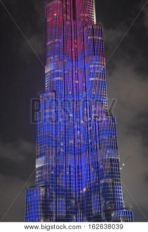 DUBAI, UAE - DEC 9: The LED lights show at Burj Khalifa in Dubai, UAE, as seen on Dec 9, 2016. The show titled Ascension, by London-based Yusuke Murakami and Tangent Design and Invention illuminated and animated the Burj Khalifa during Dubai Design Week.