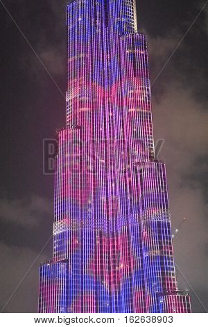 DUBAI, UAE - DEC 9: The LED lights show at Burj Khalifa in Dubai, UAE, as seen on Dec 9, 2016. The show titled Ascension, by London-based Yusuke Murakami and Tangent Design and Invention illuminated and animated the Burj Khalifa during Dubai Design Week.