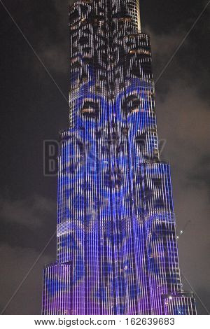 DUBAI, UAE - DEC 9: The LED lights show at Burj Khalifa in Dubai, UAE, as seen on Dec 9, 2016. The show titled Ascension, by London-based Yusuke Murakami and Tangent Design and Invention illuminated and animated the Burj Khalifa during Dubai Design Week.