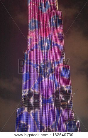 DUBAI, UAE - DEC 9: The LED lights show at Burj Khalifa in Dubai, UAE, as seen on Dec 9, 2016. The show titled Ascension, by London-based Yusuke Murakami and Tangent Design and Invention illuminated and animated the Burj Khalifa during Dubai Design Week.