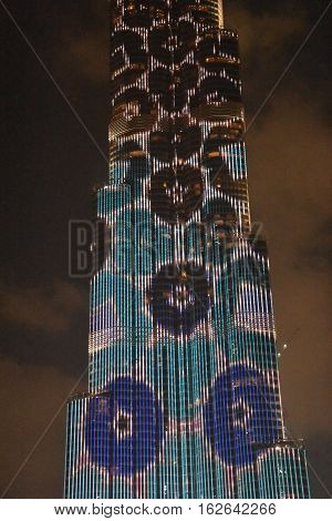 DUBAI, UAE - DEC 9: The LED lights show at Burj Khalifa in Dubai, UAE, as seen on Dec 9, 2016. The show titled Ascension, by London-based Yusuke Murakami and Tangent Design and Invention illuminated and animated the Burj Khalifa during Dubai Design Week.