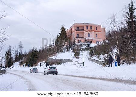 SLOVAKIA HORNY SMOKOVEC - JANUARY 05 2015: Center of the Horny Smokovec. Is a ski village in the Slovakia. Located in the mountains of the High Tatras at an altitude of 950 meters above sea level.