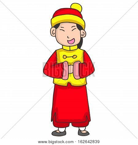 Character Of Girl Greeting Chinese New Year Vector