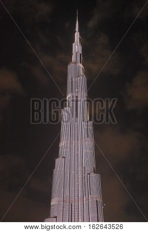 DUBAI, UAE - DEC 9: The LED lights show at Burj Khalifa in Dubai, UAE, as seen on Dec 9, 2016. The show titled Ascension, by London-based Yusuke Murakami and Tangent Design and Invention illuminated and animated the Burj Khalifa during Dubai Design Week.