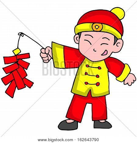 Character of boy with firecracker vector illustration